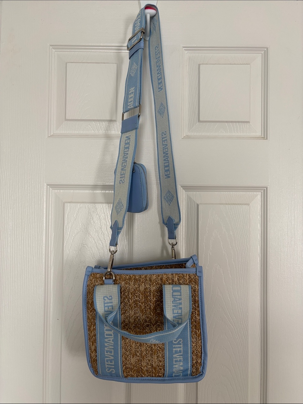 Steve Madden Light Blue Trim Straw Crossbody with Branded Strap